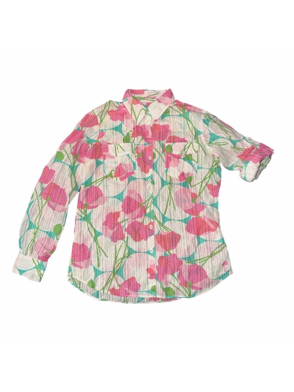 Lilly Pulitzer Metallic Gold Stripe Resort Fit Floral Button Shirt Pink M 2011